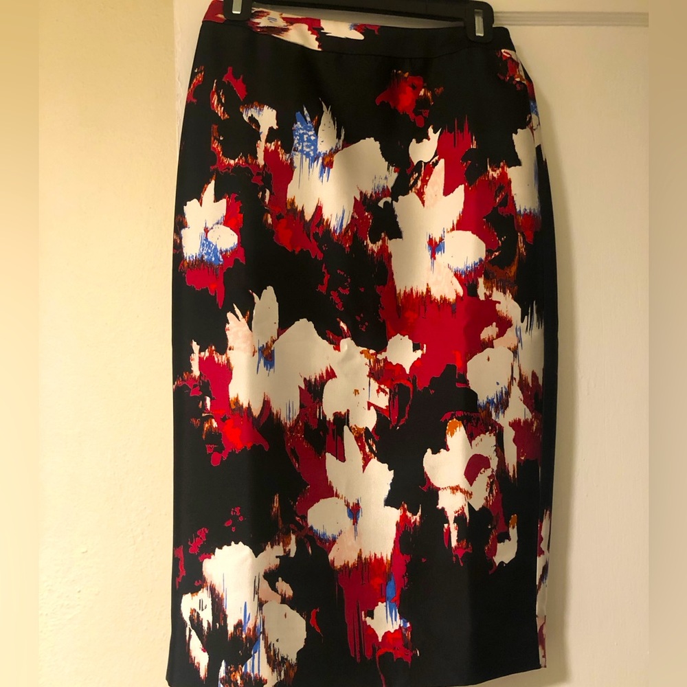 Black Clasiques silk skirt, flower print, NWOT mid calf length